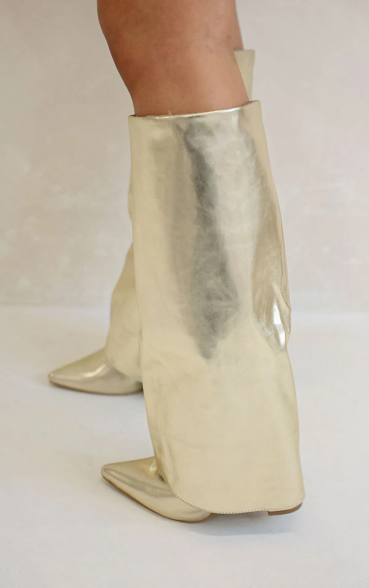 GOLD POINTED TOE KNEE HIGH FOLD OVER SHARK BOOT