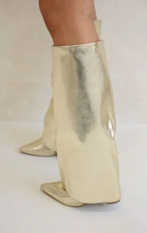 GOLD POINTED TOE KNEE HIGH FOLD OVER SHARK BOOT