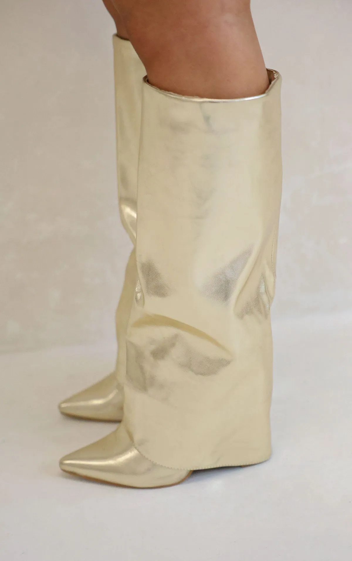 GOLD POINTED TOE KNEE HIGH FOLD OVER SHARK BOOT