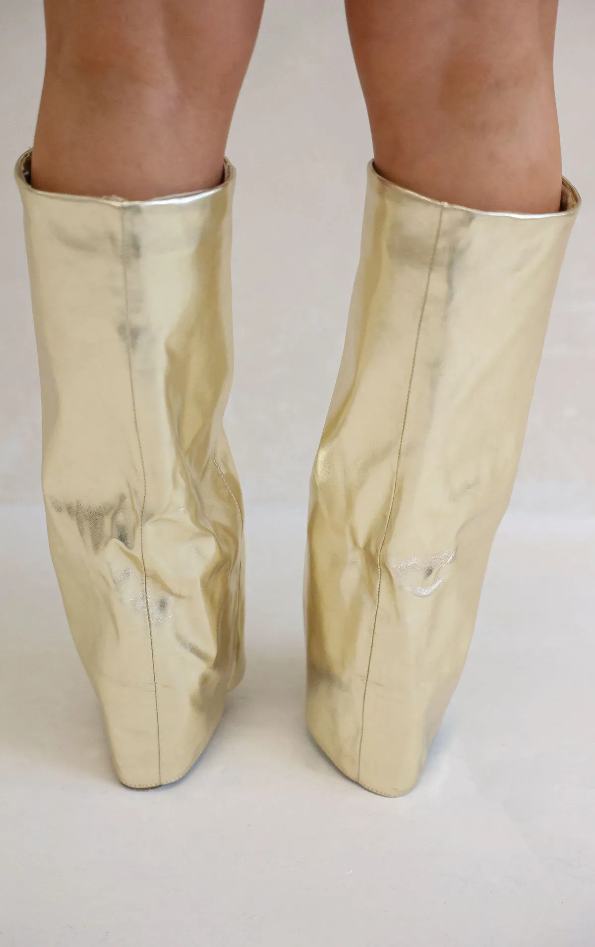 GOLD POINTED TOE KNEE HIGH FOLD OVER SHARK BOOT