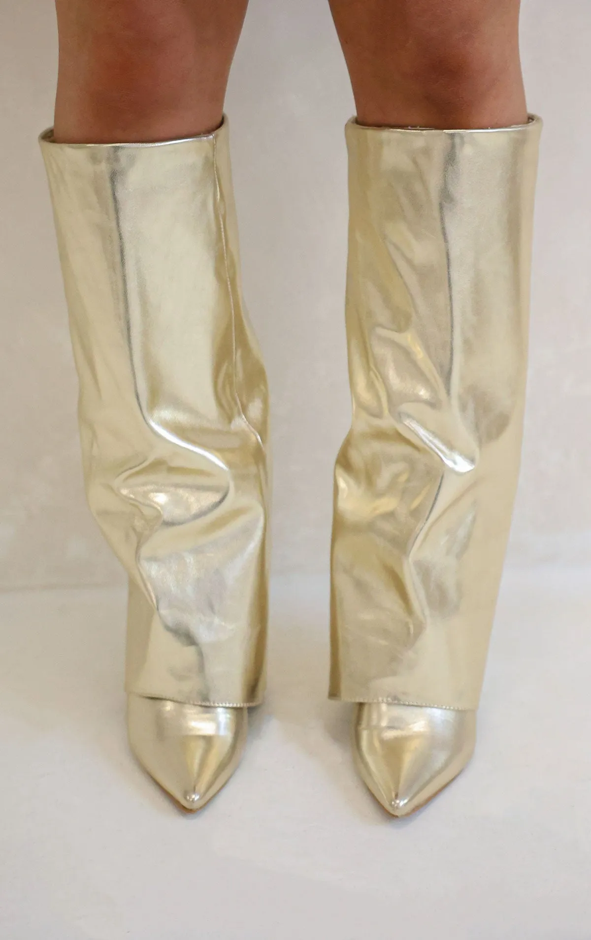 GOLD POINTED TOE KNEE HIGH FOLD OVER SHARK BOOT